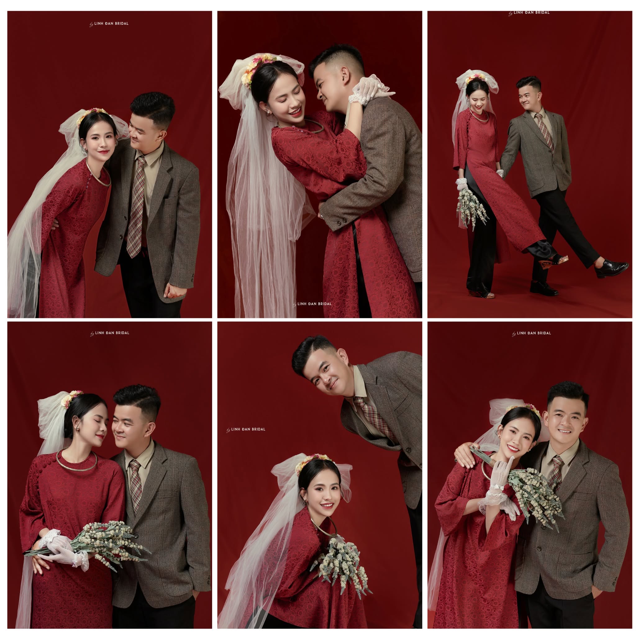 Studio wedding portraits in traditional red áo dài by LINH ĐAN BRIDAL